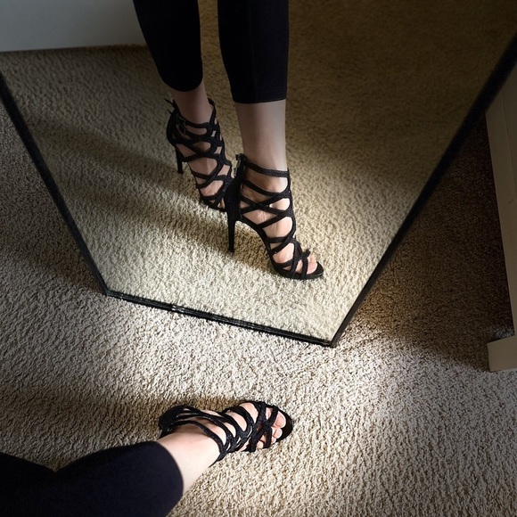 Vince Camuto Black Caviar/Soft Calf Strappy Heels - Picture 11 of 12